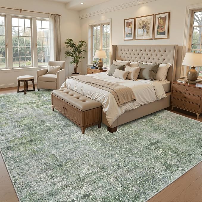 Soalmost Washable Area Rug 8x12, Large Soft Rugs for Living Room Vintage Green/Ivory Carpet 8x12 Area Rugs for Bedroom Dining Room Non-Slip Stain Resistant Under Table Rug