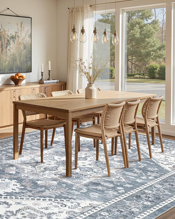 8x10 Vintage Area Rug: Washable Neutral Soft Non Slip Thin Large Floor Carpet for Living Room Bedroom Kitchen Dining Room Home Office Farmhouse Indoor - Blue