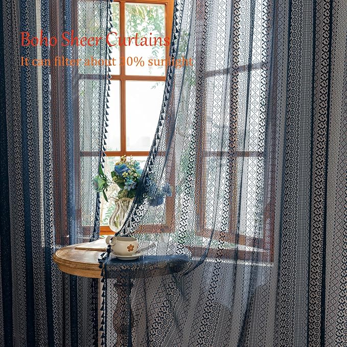 Sutuo Home Navy Blue Boho Curtains 2 Panels 84 Inches Long for Bedroom Living Room, Semi Sheer Macrame Lace Crochet Privacy Farmhouse Vintage Tassels Retro Strips Window Curtains Decor Rod Pocket,50"W