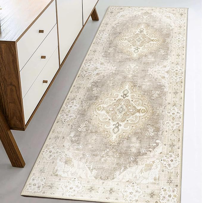 MUJOO Beige Runner Rug Washable 2x6 Area Rugs Non Slip Low-Pile Floral | Long Throw Carpet for Hallways Entryway Kitchen Bathroom Bedside Bedroom Laundry Boho Soft Indoor Vintage Bohemian Flowers