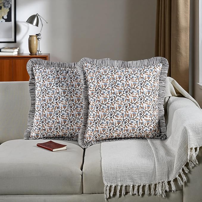 Ridhi Brown Meadow Vine Block Print Ruffle Throw Pillow Cover 24" x 24" (Pack of 2) Decorative Cushion Covers with Ruffle for Couch, Sofa, Bed, Living Room, Home Decor Gift for Spring, Mother's Day