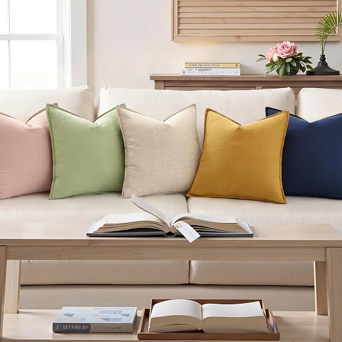 decorUhome Fall Sage Green Linen Throw Pillow Covers 26x26 Set of 2 | Decorative Soft Cozy Modern Farmhouse Boho Accent Pillow Cases with Flange Edges for Couch Bed Sofa Living Room Home Decor