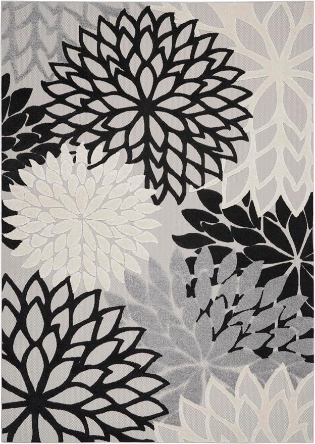 Nourison Home Aloha Indoor/Outdoor Black White 7' x 10' Area Rug, Tropical, Botanical, Easy Cleaning, Non Shedding, Bed Room, Living Room, Dining Room, Deck, Backyard, Patio (7x10)