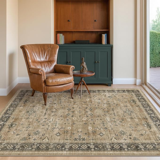 Hazo Haus Washable 3x6 Large Mudroom Area Rug, Bohemian Kitchen Floor Rug, Non-Slip & Stain Resistant, Vintage Desert Taupe Sage Farmhouse Floral Décor