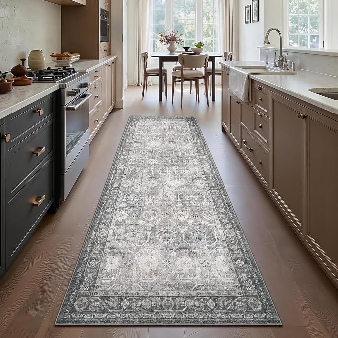 Runner Rug, Washable Non Slip Low Pile Kitchen Runner, Soft Boho Modern Rug for Hallways, Bedroom, 2'6"x 8, Distressed Grey