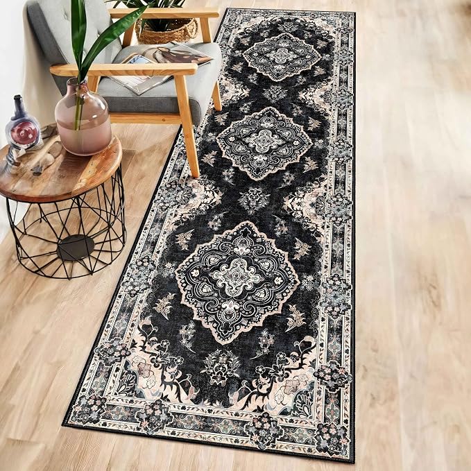 MUJOO Black Runner Rug Washable 2x8 Area Rugs Non Slip Low-Pile Floral | Long Throw Carpet for Hallways Entryway Kitchen Bathroom Bedside Bedroom Laundry Boho Soft Indoor Vintage Bohemian Flowers