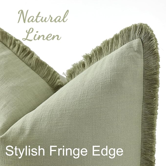 decorUhome Linen Fringe Sage Green Throw Pillow Covers 18x18 Set of 2 | Decorative Soft Accent Modern Boho Farmhouse Cushion Covers with Tassels Cotton Pillow Covers for Couch Bed Sofa