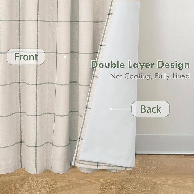 DriftAway 100% Blackout Plaid Linen Curtains W52xL90 Loden Green | 100% Blackout, Linen Texture, Plaid Pattern, Two Layers, Rod Pocket & Back Tab, Bedroom Living Room Use, Luxury Appearance