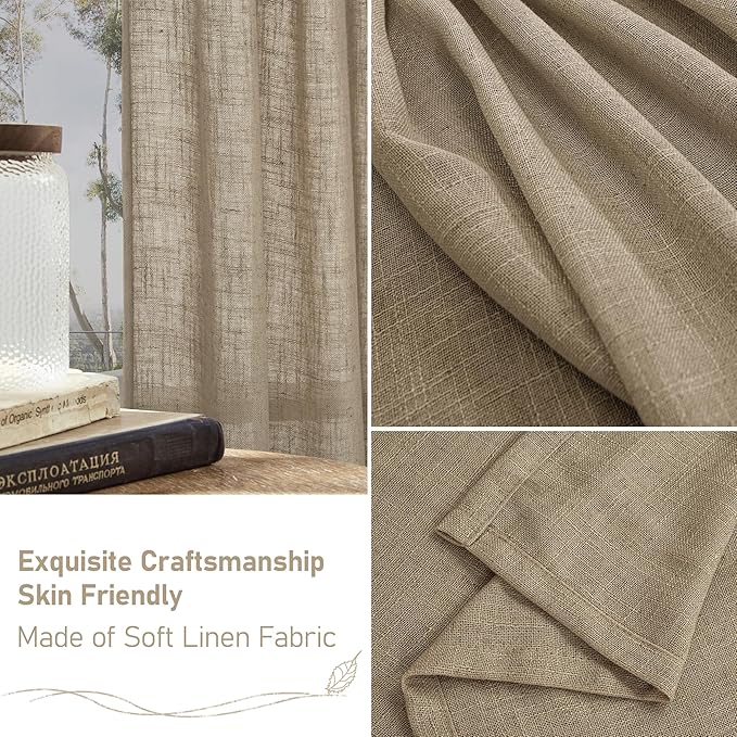 LAMIT Taupe Linen Boho Curtains 80 inch Length 2 Panels, Light Filtering Semi Sheer Panels Back Tab and Rod Pocket Neutral Drapes for Bedroom/Living Room, 34 x 80 Inch