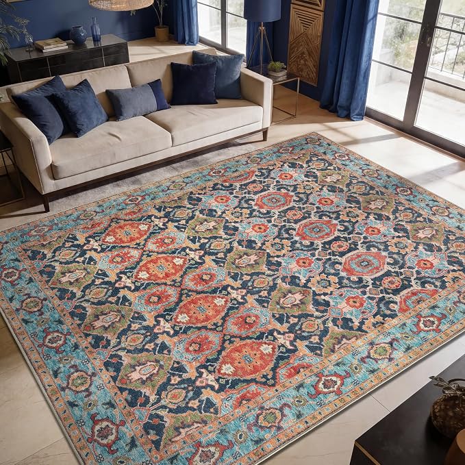 Keen Home Design 8x10 Rug - Machine Washable Area Rug with Non-Slip Backing, Ideal for Living Room, Dining Room, Bedroom - Vintage, Easy Clean, Durable, Low Pile Rug - (8' x 10')
