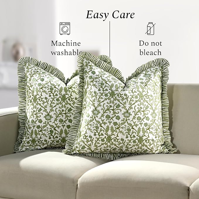CPC Meadow Vine Hand Block Print 100% Cotton Ruffle Throw Pillow Cover 18x18 inch with Hidden Zipper Decorative for Couch, Bed, Sofa, Farmhouse, Cottagecore Decor Gift Christmas Fall Thanksgiving