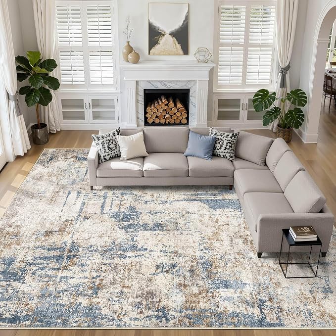 10x13 Area Rug Living Room: Washable Large Abstract Modern Soft Rugs Stain Resistant Indoor Floor Non Slip Accent Carpet for Bedroom Nursery Playroom Office Dining Room Dorm Home House- Tan
