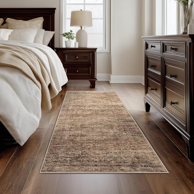 FMFUNCTEX 2x5 Washable Runner Rug Terracotta Vintage Neutral Distressed Oriental Non Slip Low Pile Retro Hallway Entryway Indoor Carpet for Kitchen Living Room Bedroom Bathroom Laundry Entry Bedside