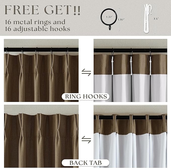 Dutch Cocoa Blackout Pinch Pleat Linen Curtains 105 Inches Long for Bedroom | 100% Black Out Curtains Lined 2 Layers, Memory Shape, Noise Reducing, Room Darkening, for Living Room Window, 40x105 2 Panels