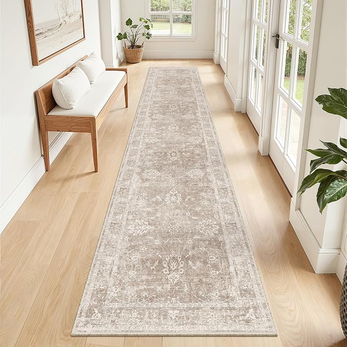 Madane Runner Rug 2x12 for Hallway, Kitchen Non-Slip Runner Rug with Rubber Backing, Vintage Soft Low Pile Throw Neutral Carpet Runner for Laundry Room Entryway Bathroom Bedroom (2 x 12, Brown/Sand)