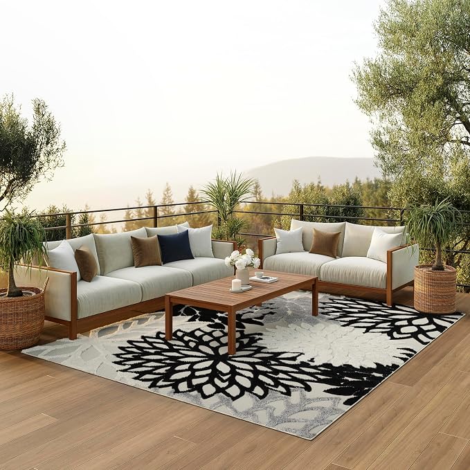 Nourison Home Aloha Indoor/Outdoor Black White 12' x 15' Area Rug, Tropical, Botanical, Easy Cleaning, Non Shedding, Bed Room, Living Room, Dining Room, Deck, Backyard, Patio (12x15)