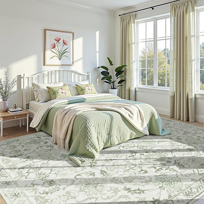 Deerly Sage Extra Large Area Rug 10x14 for Living Room, Distressed Washable Rug for Dining Room Bedroom, Anti-Slip Low-Pile and Soft Accent Rug Farmhouse Office Home Decor Light Green