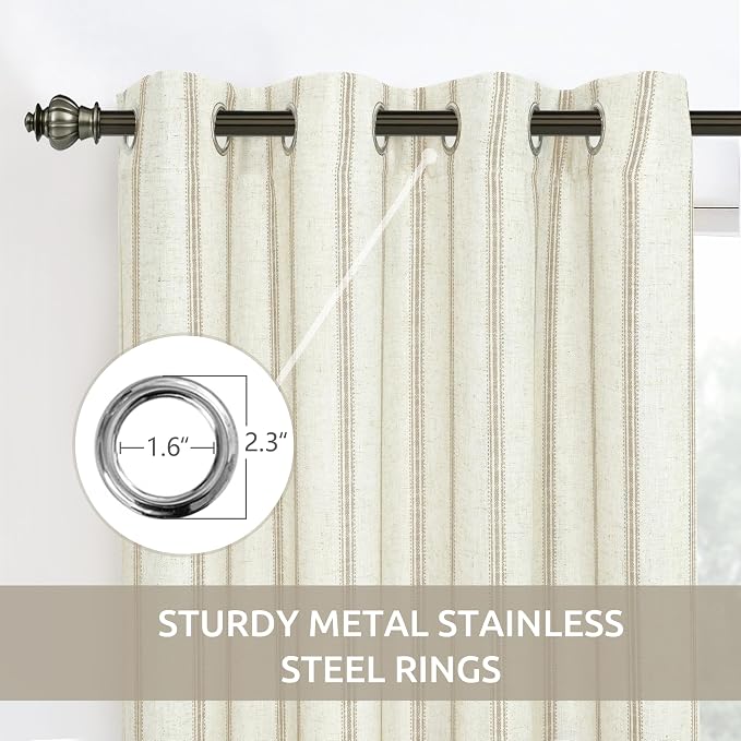 DriftAway Farmhouse Linen Stripe Blackout Curtains, Grommet, W52xL84, Beige | Blackout, Linen Texture, Stripe Pattern, Rod Pocket & Back Tab, Two Layers, Bedroom Living Room Use, Sound Reducing Design