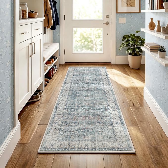 Beauoop 2x6 Hallway Runner Rug Washable Blue Neutral Vintage Distressed | Retro Non Slip Low Pile Oriental Soft Thin Indoor Carpet Rug Entryway Entrance Kitchen Laundry Bedroom Bathroom Bedside