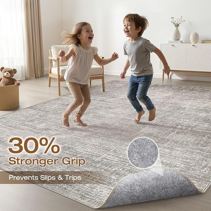5x8 Area Rug Living Room: Washable Large Neutral Rug Abstract Soft Modern Stain Resistant Indoor Floor Non-Slip Carpet for Bedroom Nursery Kids Office Playroom Dining Room Under Table- Brown Gray