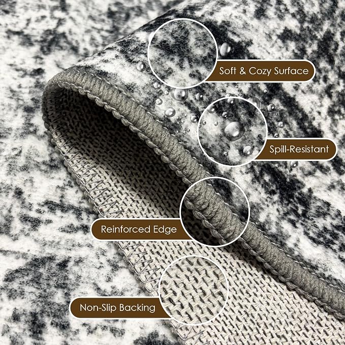 Washable Area Rug 2'6'' x 8' Vintage Traditional Persian Mat - Foldable Distressed Non-Slip Machine Washable Carpet for Living Room Bedroom Kitchen Home Decor - Graphite and Mist