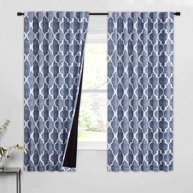 Beauoop Moroccan 100% Blackout Curtains Bedroom Blue 50x63 2 Panels | Geometric Room Darkening Drapes for Living Room 84 Inch Long Thermal Insulated Soundproof Lattice Window Treatment Rod Pocket
