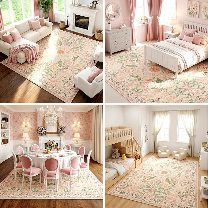 Washable Floral Bird Area Rug, 0.3" Low Pile Non-Slip Cottagecore Nursery Rug, Cotton-Backed Silicone Grip, Water-Resistant, Faux Wool Carpet for Girls Bedroom, 8'x10', Cream/Pink/Sage