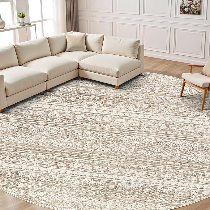 Tortania 10' Round Area Rug Living Room Rugs - Washable Large Soft Neutral Boho Moroccan Bohemian Farmhouse Rug Indoor Floor Carpet for Bedroom Under Dining Table Home Office Decor - Light Brown