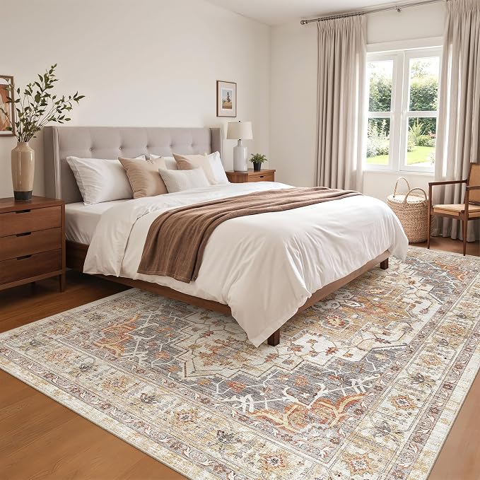 befbee 6x9 Area Rugs for Living Room,Super Soft Ultra-Thin Stain Resistant Machine Washable Rugs for Bedroom,Non-Slip Backing Large Area Rug (Turmeric/Grey, 6'x9')
