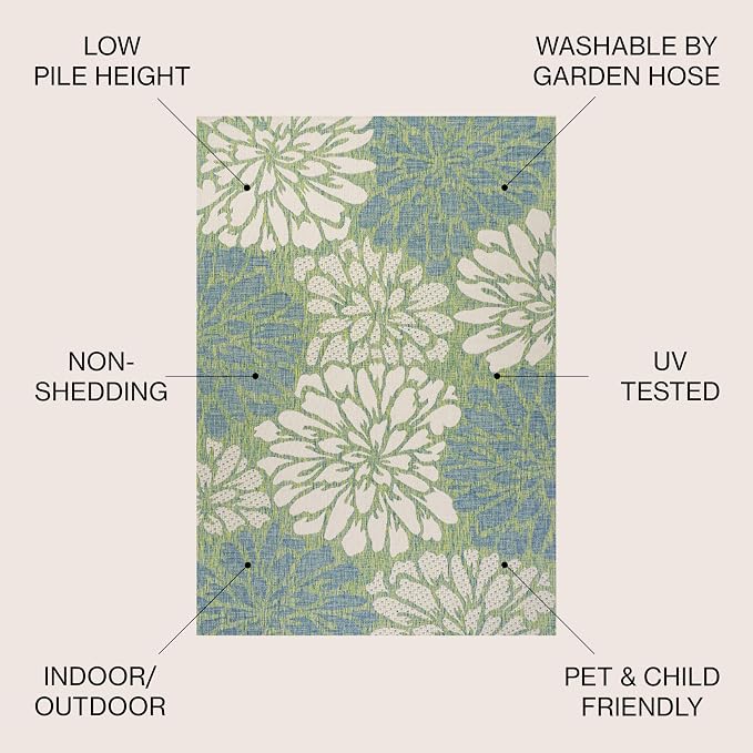 JONATHAN Y Floral Textured Weave Indoor Outdoor Area Rug 5X8 Cream/Green, Zinnia Modern for Backyard, Patio, Porch, Easy-Cleaning, High Traffic, Pet-Friendly, Non-Shedding (SMB110D-5)