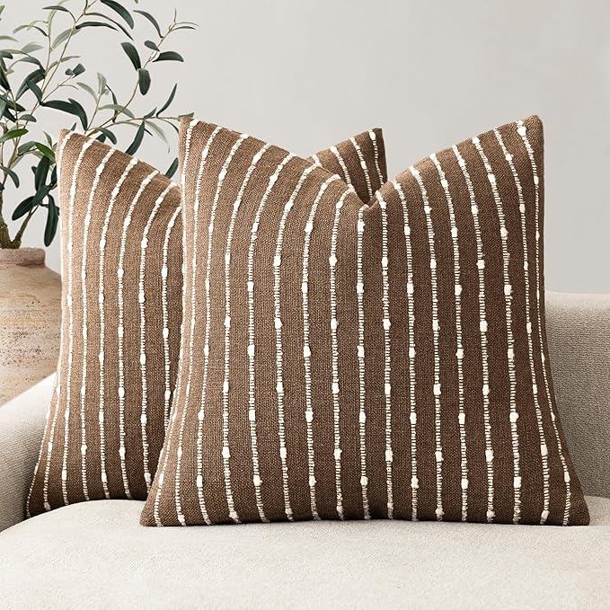 Foindtower Pack of 2 Decorative Jacquard Boucle Throw Pillow Covers Accent Textured Striped Pillowcases Soft Boho Modern Cushion for Couch Sofa Bedroom Living Room Home Decor 22x22 Inch Brown