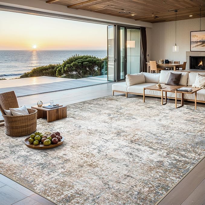 Area Rugs Living Room Rug - 4x6 Washable Modern Abstract Soft Neutral Non-Slip Carpet Large Indoor Floor Stain Resistant Thin Carpets for Bedroom Dining Room Farmhouse Nursery Home Office Brown Grey