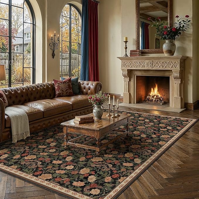 HUGEAR Retro Area Rugs 8x10 Washable Living Room Bedroom Rugs Vintage Floral Throw Carpet Black Brown Stain Resistant Non Slip Low Pile for Home Aesthetic Modern Decor
