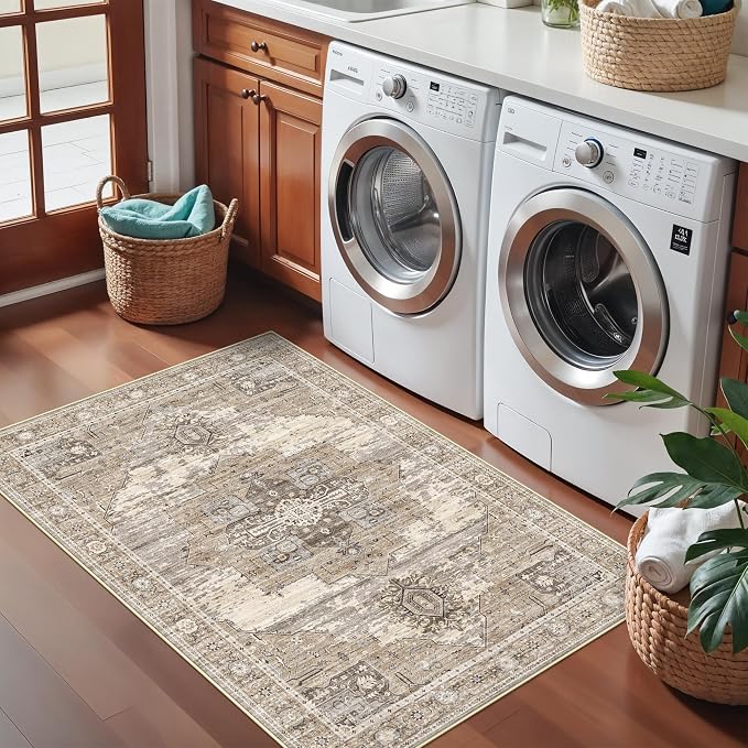 RUUGME Beige Washable Entry Rug : 3x4 Rugs for Entryway Kitchen Bathroom Indoor - Soft Stain Resistant Carpets Distressed Floor Decor Mat 3x4 Beige