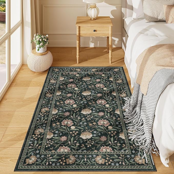 DUKINO 3x5 Rug Washable Vintage Floral Bedroom Area Rug Non Slip Dark Green | Low Pile, Non-Shedding, Stain Resistant Boho Lightweight Soft Indoor Carpet for Bathroom Office Dining Living Room Farmhouse