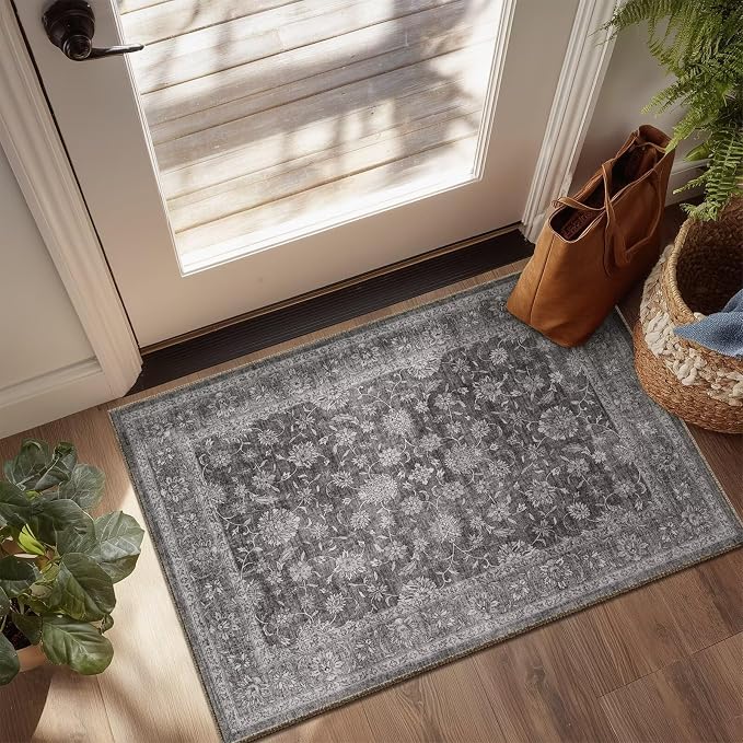 Washable 2x3 Entryway Rug, Boho Vintage Non-Slip Door Mat, Dark Grey | 0.3" Neutral Throw Small Rugs for Bedroom Kitchen Nursery Entrance, Cushioned for High-traffic Area