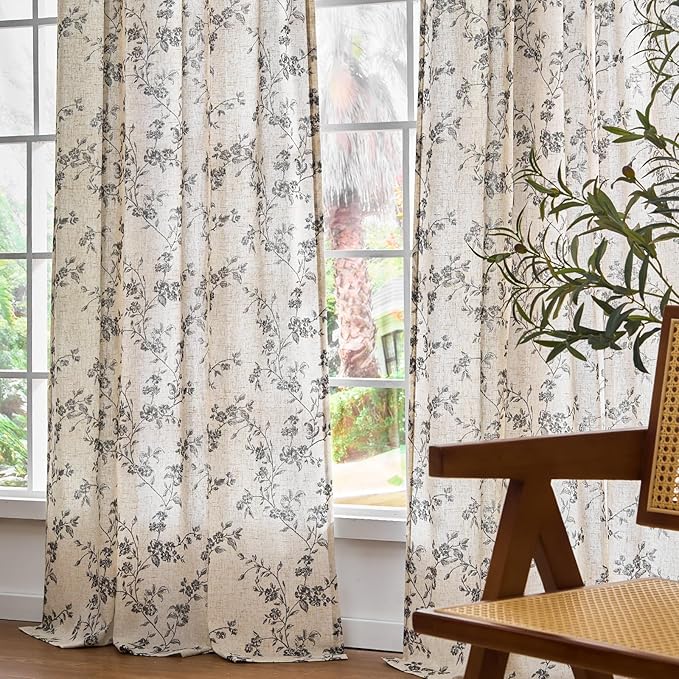 Lazzzy Floral Linen Curtains Farmhouse Extra Long Curtain for Living Room Bedroom Light Filtering Vintage Rod Pocket Back Tab Drapes for Home, 2 Panels, Black on Beige, W38 X L108