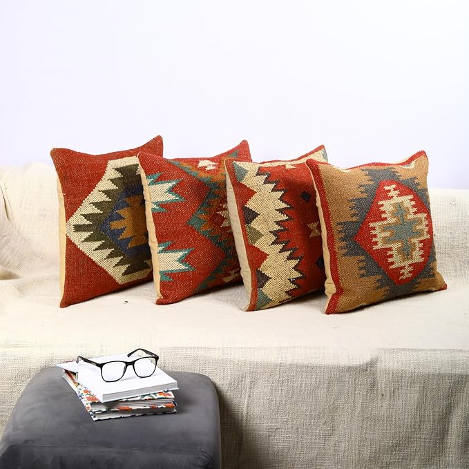 Trade Star 70% Jute 30% Wool Cushion Cases Ethnic Pillow Shams Rug Pillow Covers Handloomed Pillow Cases Throw Pillow Cover Handwoven Pillowcase Set of 4 Kilim Cushion Covers (Kilim 2)