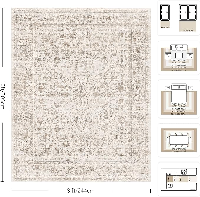 8x10 Area Rugs for Living Room, Washable Vintage Retro Floral Rug, Low Pile Non Slip Distressed Large Carpet for Bedroom, Dining Room, Office, Home (Light Brown)