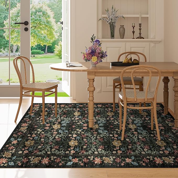 DUKINO 5x7 Area Rugs, Vintage Floral Washable Rug for Living Room, Black | Non Slip, Low Pile, Soft, Lightweight, Boho Indoor Carpet for Bedroom, Office, Dining Room, Dorm Room, Farmhouse, Home Decor