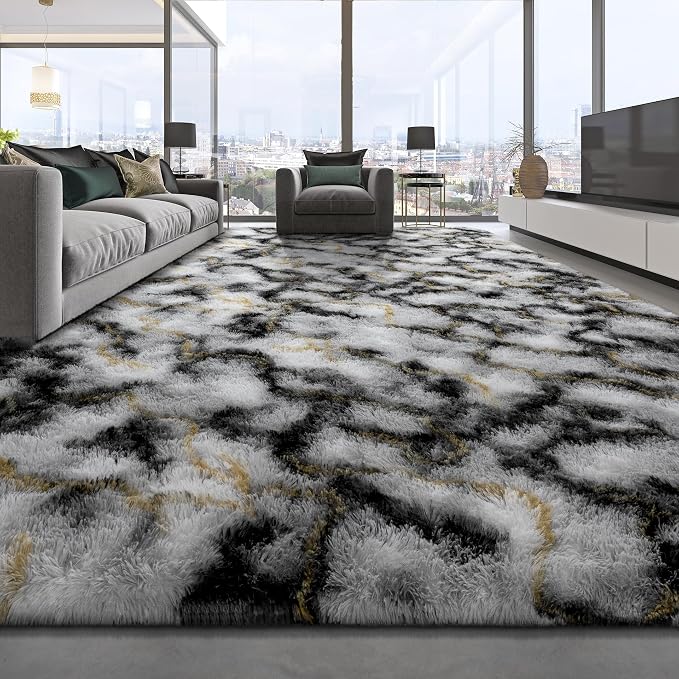 Deerhoo Large Shag Area Rugs 5 x 8, Tie-Dyed Plush Fuzzy Rugs for Living Room, Ultra Soft Fluffy Furry Rugs for Bedroom, Anti-Skid Indoor Carpet Nursery Rugs for Kids Room Home Decor, Black white gold