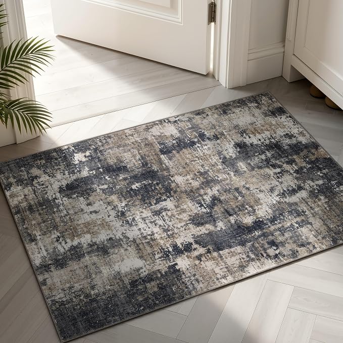 Sasttie 2x3 Area Rug for Entryway, Washable Modern Abstract Small Carpet for Living Room Bedroom Door-mat, Soft Entry Rug with Non-Slip Backing, Black and Beige
