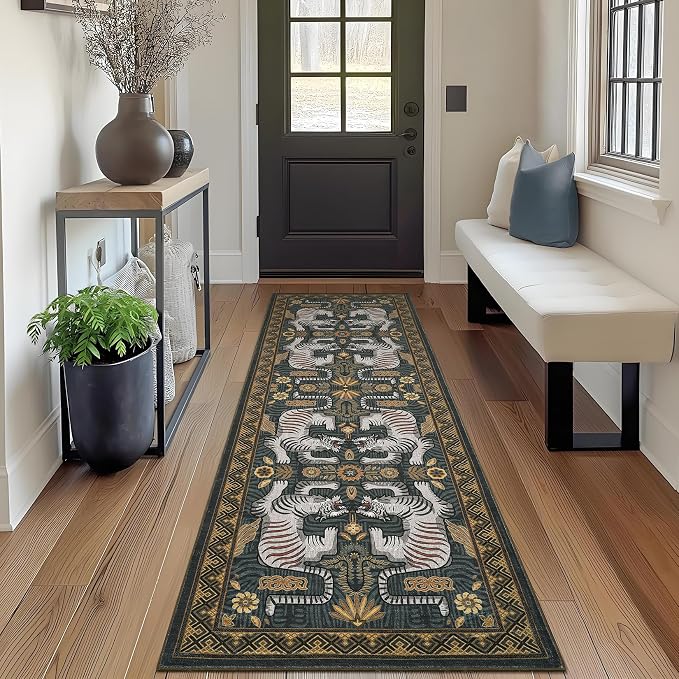 GarveeHome Tiger Print 2'x6' Washable Non Slip Runner Rugs for Hallways, Boho Blue Kitchen Runner Ultra Thin Soft Vintage Tribal Indoor Throw Floor Carpet for Entryway Bedroom Bathroom