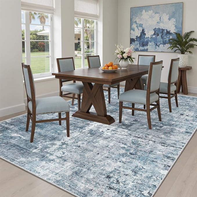 Soalmost Area Rug 6x9 Abstract Rugs for Living Room 6 x 9 Washable Rugs Blue Non Slip Low Pile Rugs for Bedroom Dining Room Foldable Thin