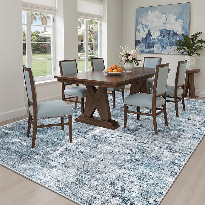Soalmost 5x8 Area Rugs Blue/Grey Low Pile Indoor Washable Trendy Faded Style Rugs for Bedroom Living Room Dining Room Foldable Non-Slip Thin Print Home Office Mat