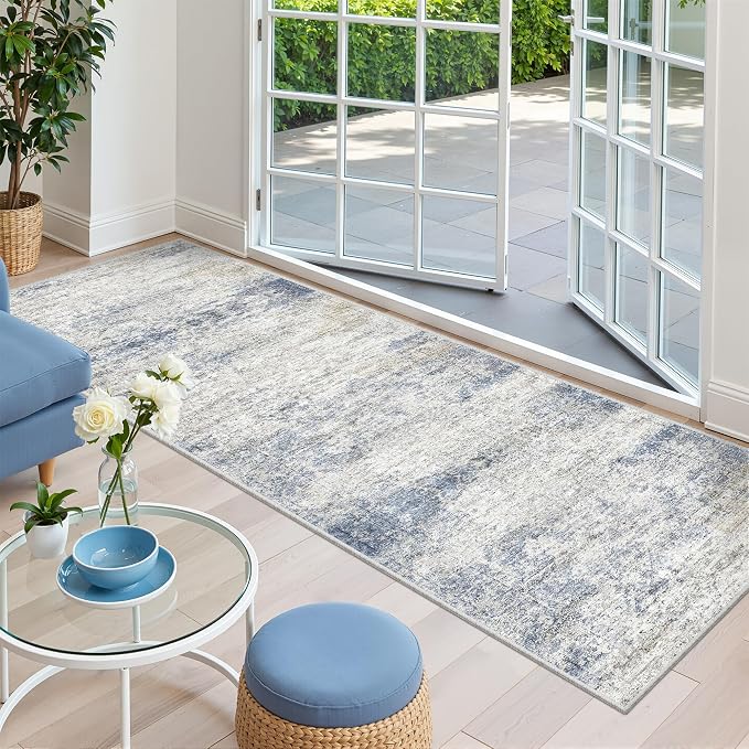 2'6 x 8' Runner Rug Non Slip,Washable Kitchen Rugs,Blue | Neutral Rugs for Kitchen,Entryway,Bedroom,Bathroom,Nursery Room,Thin,Soft Runner Rug,Stain Resistant Indoor Carpet
