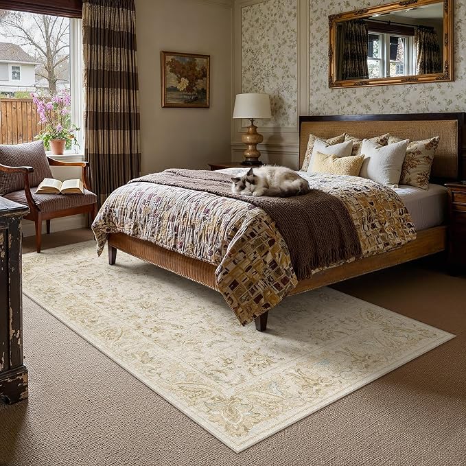 5x7 Beige Washable Area Rug Non Slip Retro Distressed Carpet | Soft Low Pile, Lightweight Foldable, Pet Friendly, Living Room, Bedroom, Dining Room, Classroom, Playroom