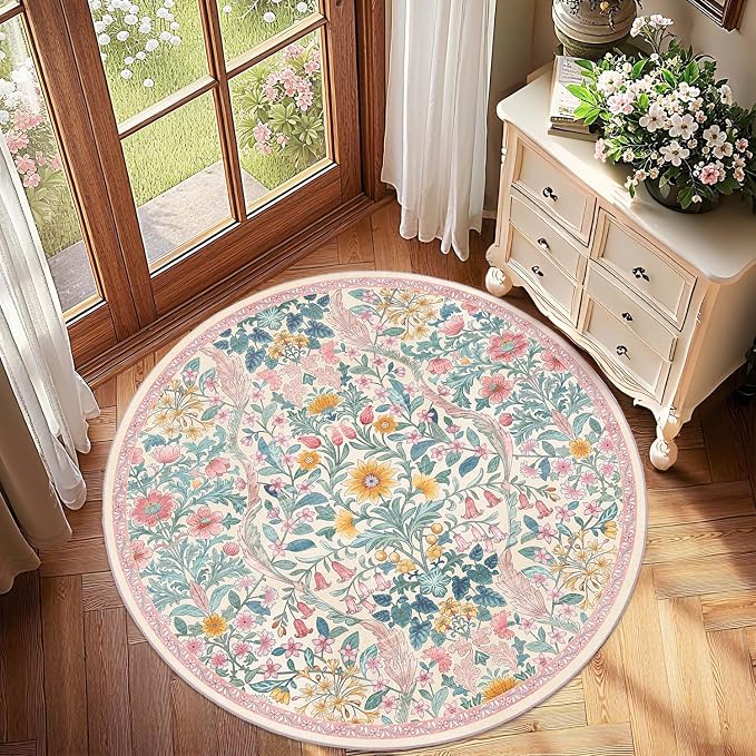 Round Rug 4ft Light Pink Washable Floral Circle Rug,Vintage Boho Botanical Round Area Rugs, Non-Slip Soft Low-Pile Circular Carpet for Girls Bedroom,Kids Room,College Dorm,Home Decor