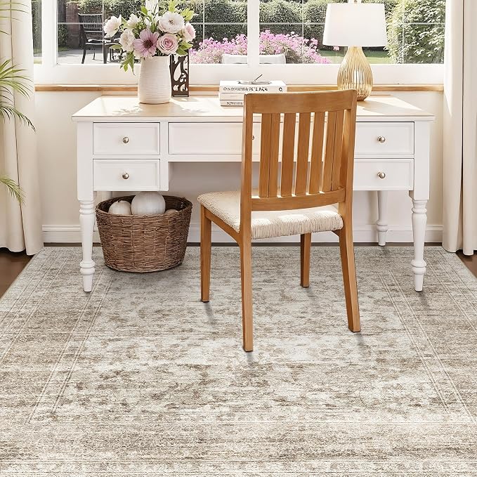 RUUGME Square Area Rugs 5x5 - Vintage Washable Rugs for Small Living Room Non Slip Rugs for Bedroom/Dining Room/Office/Nursery Stain Resistant&Easy Clean Home Decor Mat 5x5 Beige Brown