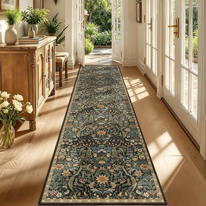 3x12 Washable Runner Rug,Black Brown Floral Boho Area Rug for Hallway,Low-Pile Non-Slip Stain Resistant Long Carpet for Kitchen, Bedside,Laundry Room,Entryway
